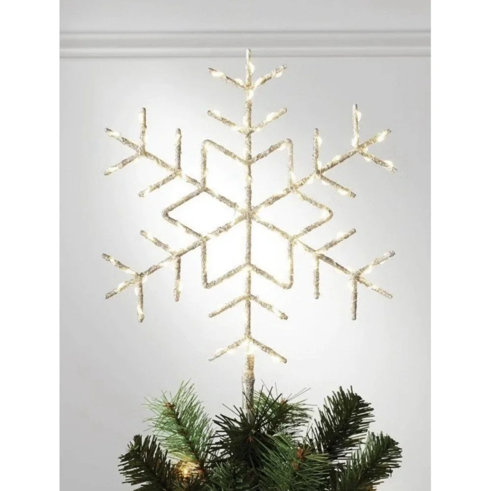 Wondershop Christmas LED Tree Topper‎ Glitter Snowflake Gold White 100 Light NEW